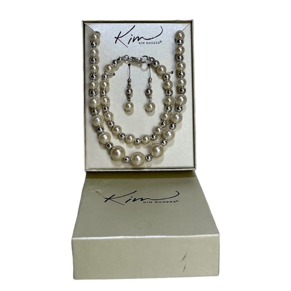 Kim Rogers Faux‎ Pearl and Silver Bead Necklace Bracelet and Earrings Set
